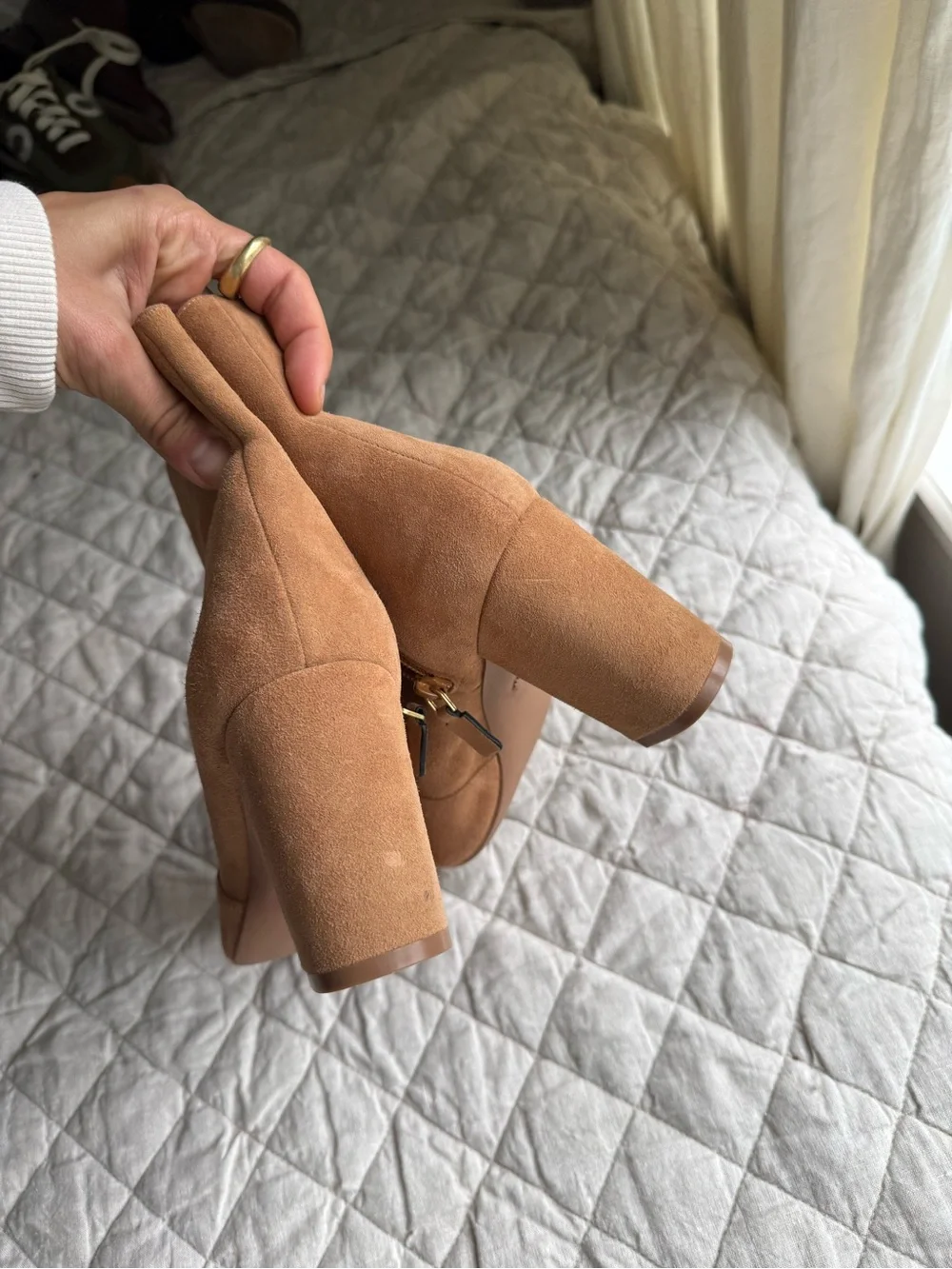Stuart Weitzman Suede Pointed Toe Ankle Boots in Camel